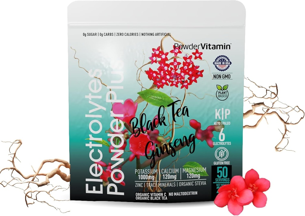 PoederVitamine Elektrolyten Poeder Plus (50 porties) Zwarte thee Ginseng Electrolyte Poeder Keto, Suikervrij, Roze Himalaya Zout, 1000mg Kalium,120mg Calcium,120mg Magnesium, Hydratatiepoeder