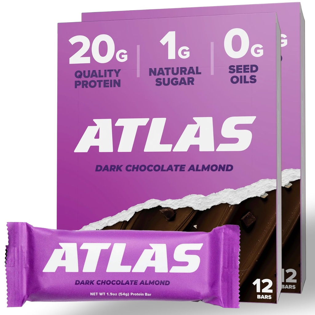 Atlas Proteine Bar, 20g Proteïne, 1g Suiker, Schoon Ingrediënten, Glutenvrij, Donkere Chocolade Amandel (12 telling, Verpakking van 2)