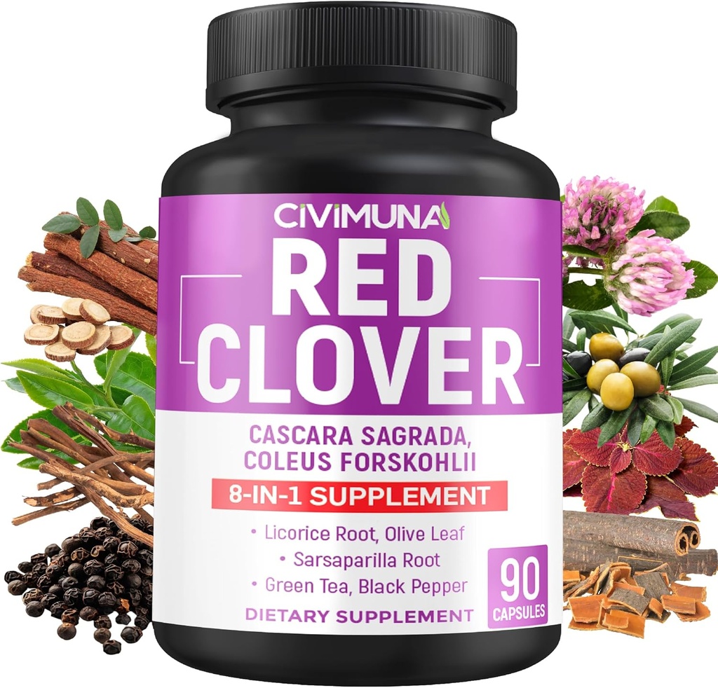 Red Clover Capsules with Red Clover, Cascara Sagrada Bark, Coleus Forskohlii - 90 Capsules for 3 Months Supply