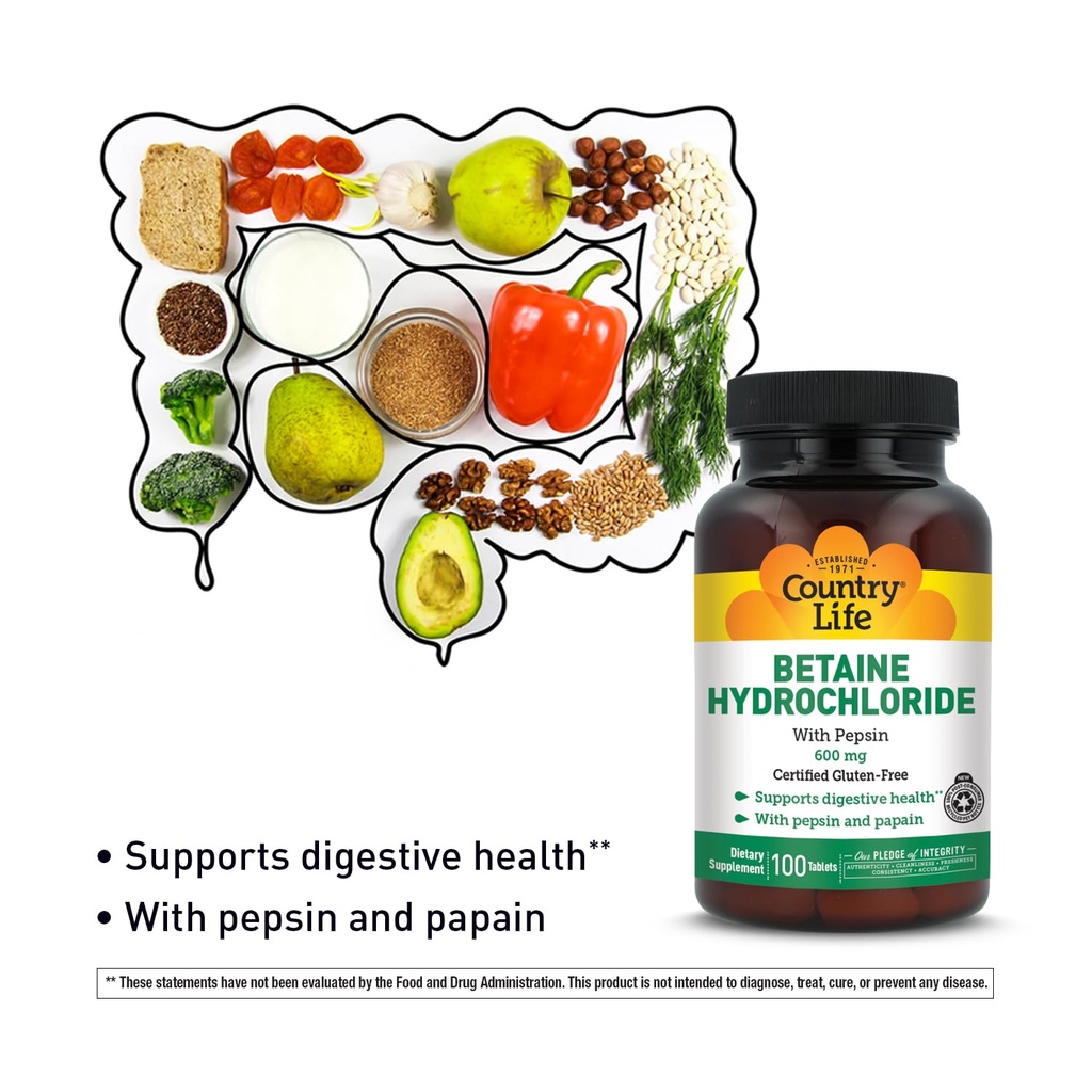 Country Life Betaine Hydrochloride met Pepsin, 600 mg, 100 tabletten, Glutenvrij gecertificeerd