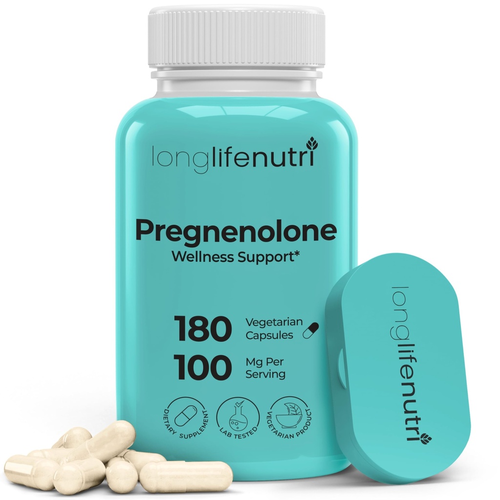 Soutien Cerveau et Hormone Pregnénolone - 180 Caps Veggie pour une mémoire, un focus et une vitalité améliorées - Fabriqué aux États-Unis