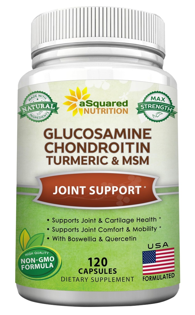aSquared Nutrition Glucosamine Chondritin Turmeric MSM Boswellia - 120 Capsules - Supplément de soutien conjoint - Pilules de soutien conjoint pour la santé - Supplément naturel pour le dos, le genou et les mains