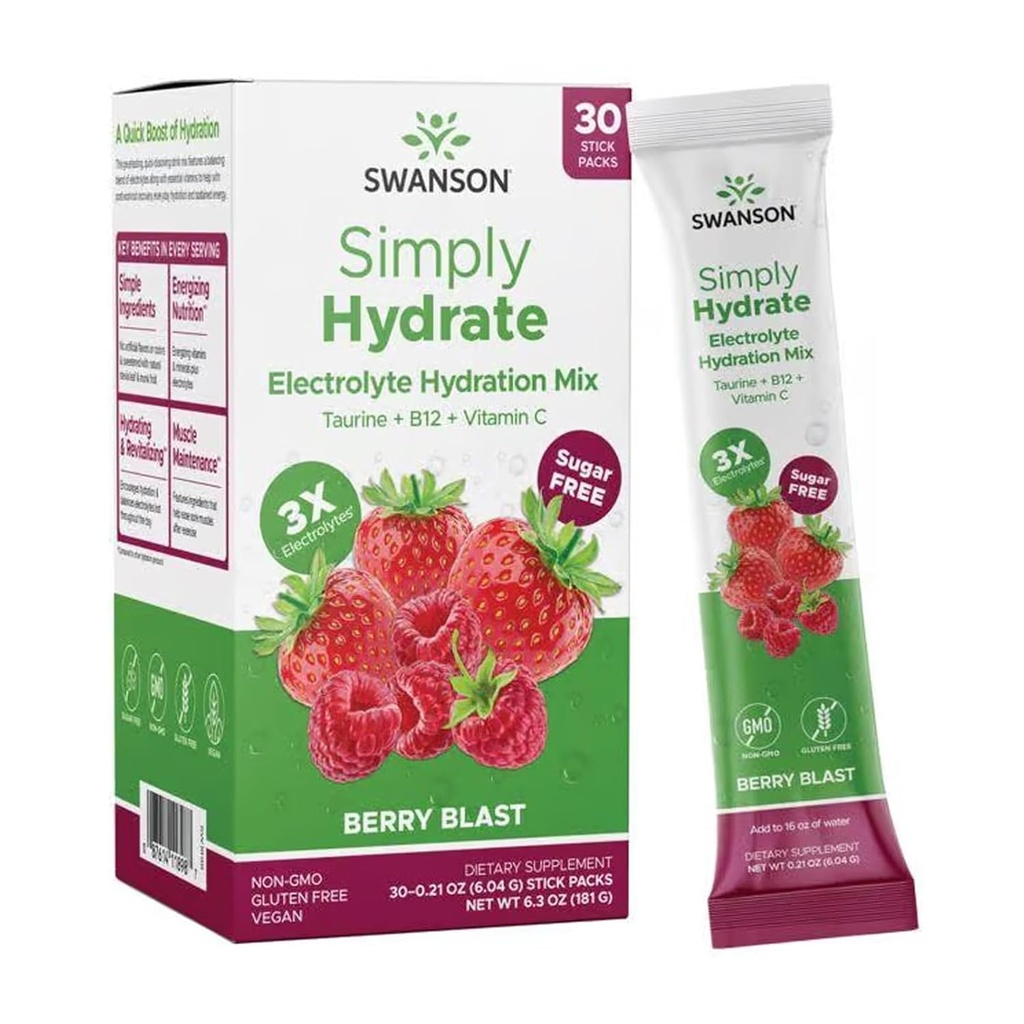Swanson Gewoon Hydrate Electrolyte Powder Mix - Suikervrije Drink Mix met 0 Calorieën - Handige On-The-Go Hydration Powder - Advanced Electrolyte Drink Mix - Berry Blast Flavor - 30 Packets