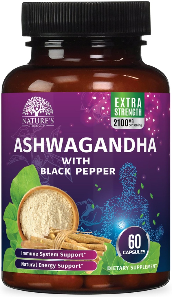 Ashwagandha Supplementen 2100mg - Extra sterkte Ashwagandha Powder & Root Extract met Black Pepper voor Max Absorptie, Herbal Antioxidant Supplements for Women & Men, Vegan, Non-GMO - 60 Capsules