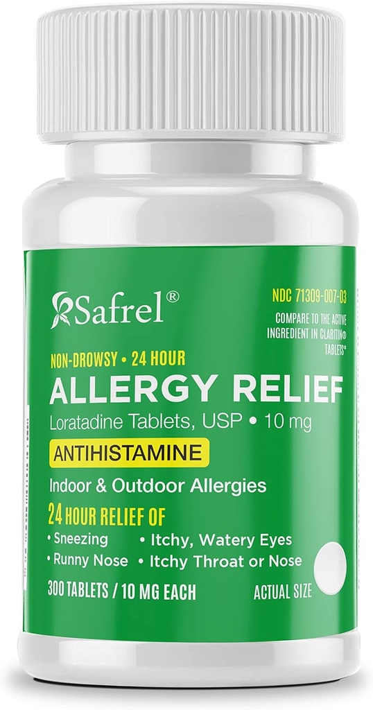 Safrel Allergie 10mg Tabletten Niet-Drowsy 24-uurs Allergie Relief Medicine Antihistamine Ondersteuning voor Runny Neus, niezen, Itchy, Watery Eyes (300 Count (Pack of 1))