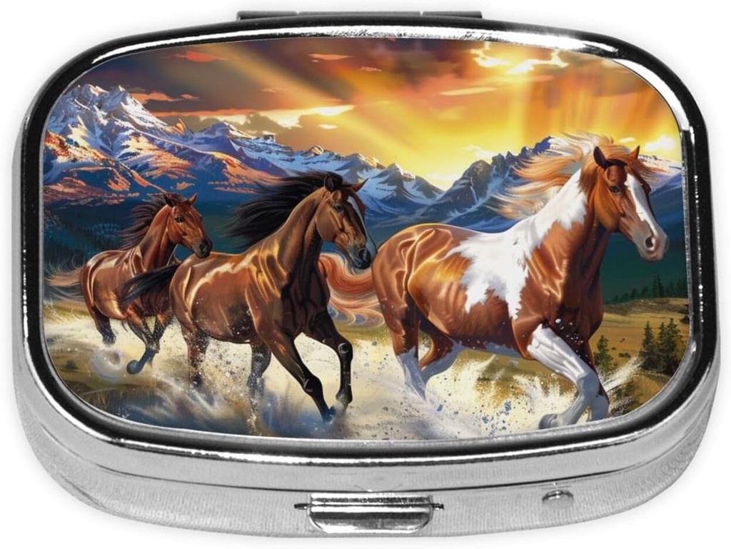 Running Horses Printed Square Pill Organizer met 2 Compartments, Portable Mini Pill Box Pill Case voor Geneeskunde, Vitamine, Visolie, Supplementen