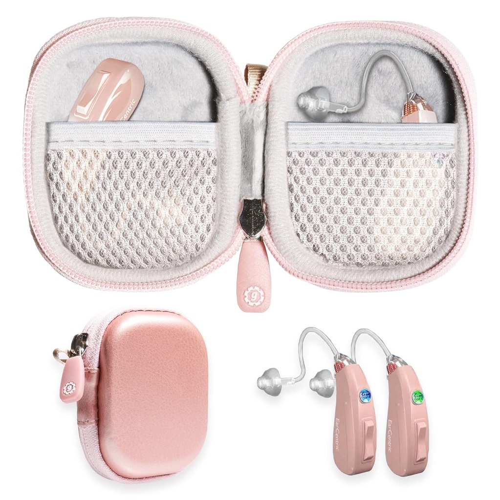 GETGEAR Boîtier de protection conçu pour l'aide auditive, amplificateur d'audition, amplificateur de son personnel, appareil auditif, appareil d'écoute, mini-cas fort avec poche en mesh (Rose Gold