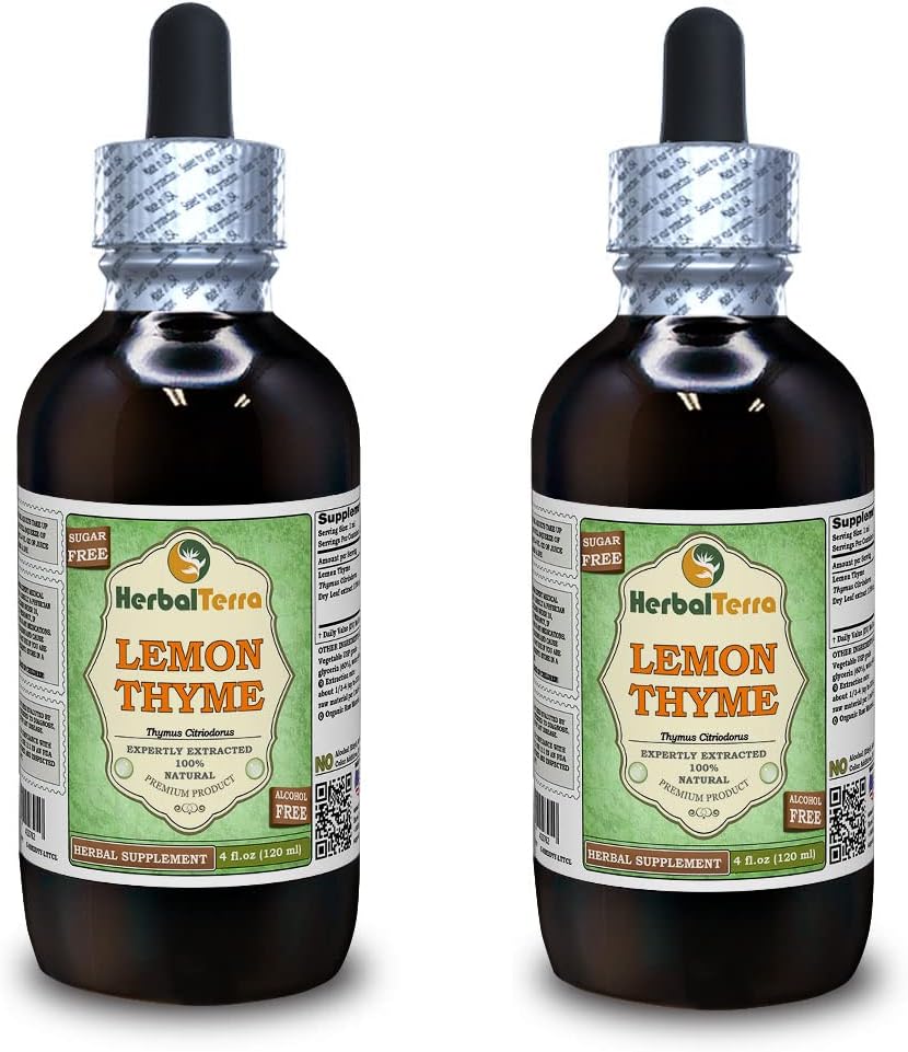 Citroenthym (Thymus x Citriodorus) Glyceriet, Organisch gedroogd kruiden Alcoholvrij Liquid Extract (Grand Name: HerbalTerra, Trots Made in USA) 2x4 fl.oz (2x120 ml)