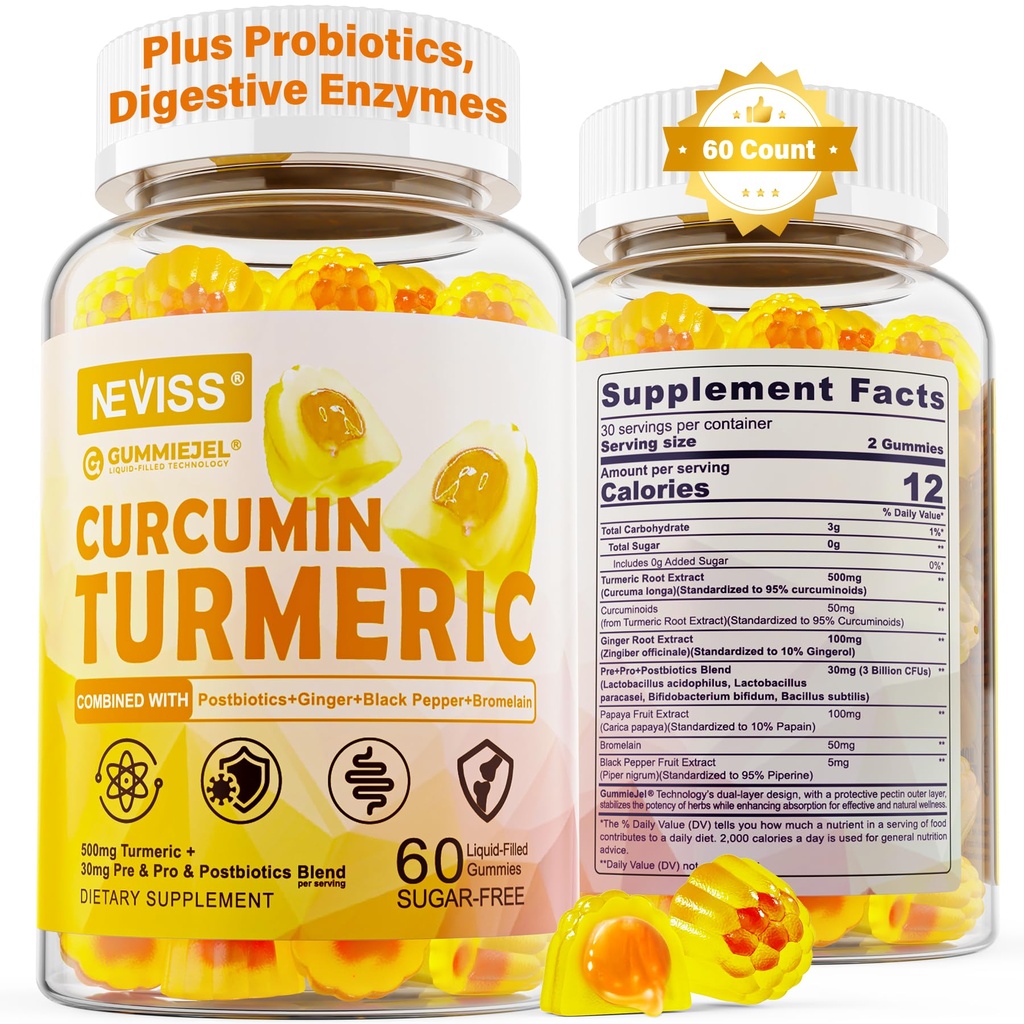 Sans sucre Curcumine curcuma remplie 550mg pour les adultes, le gingembre et le poivre noir. 95% Curcuminoïdes avec/prébiotique Probiotique et mélange postbiotique, soutien immunitaire et santé digestive, végétalien, 60 comte