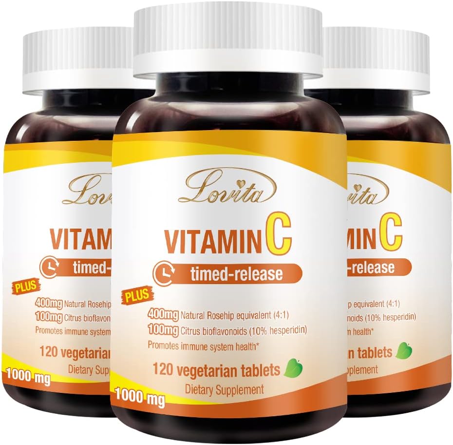 Lovita Vitamine C 1000 mg met Bioflavonoïden & Rose HIPS, Getimed Release Coating, Hoge Potentie, Ondersteuning Boost gezonde immuunfunctie, 120 Vegetarische tabletten voor 4 maanden levering (pakket van 3)