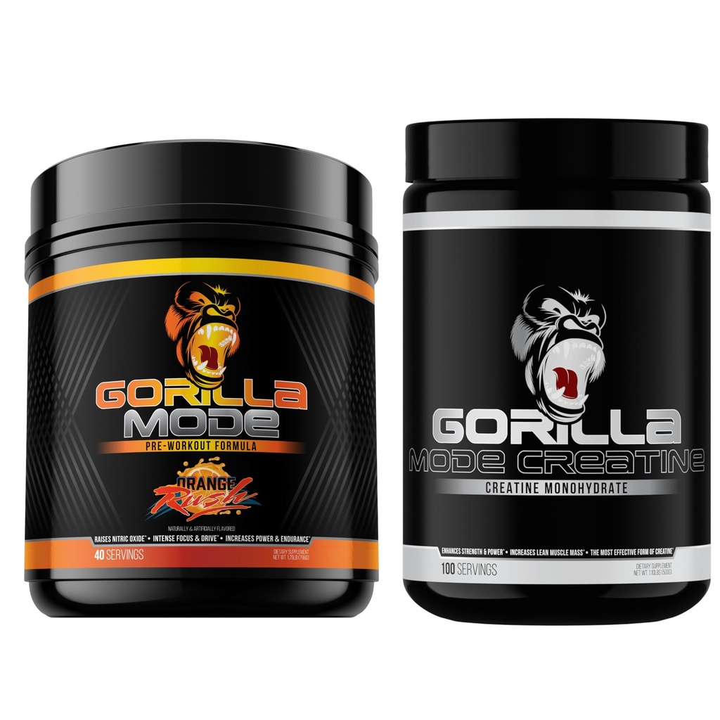 Gorilla Mind Pre Workout (Orange Rush) + Creatine (100 Serv.) - Uitgebreide Stack voor verbeterde sterkte, vermogen output en spiergrootte