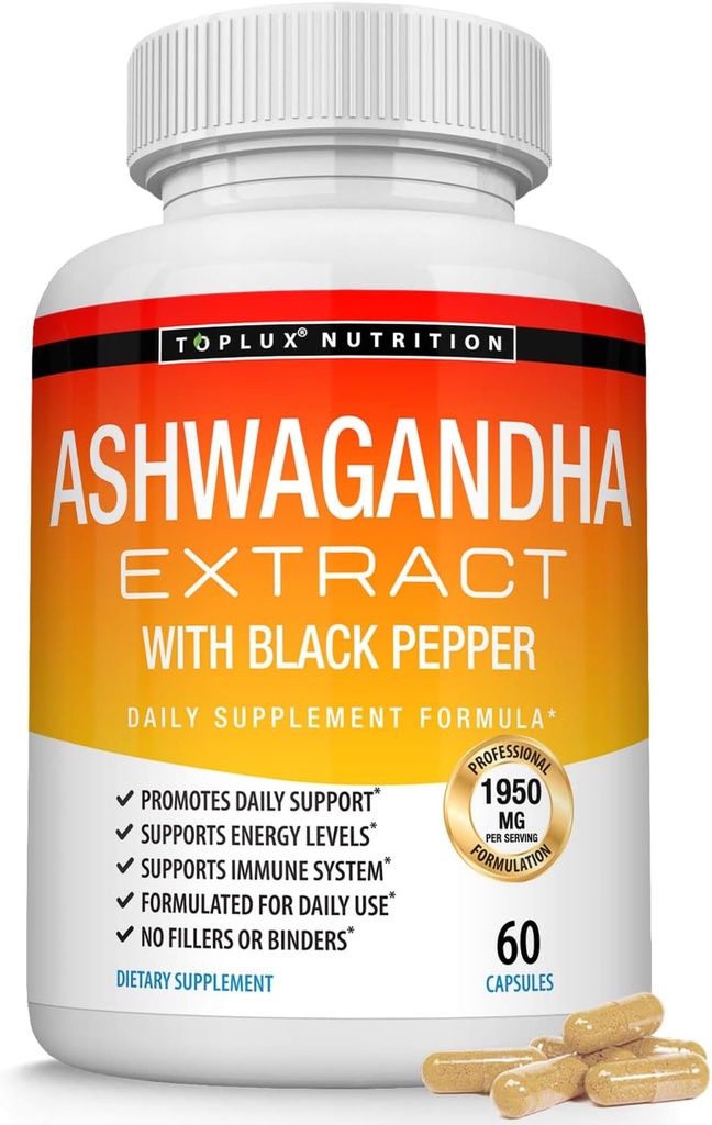 Pilules de poudre de racine d'Ashwagandha bio 1950 Mg avec extrait de poivre noir - Supplément d'Ashwagandha naturel pur, énergie de soutien, pour hommes femmes, 60 capsules