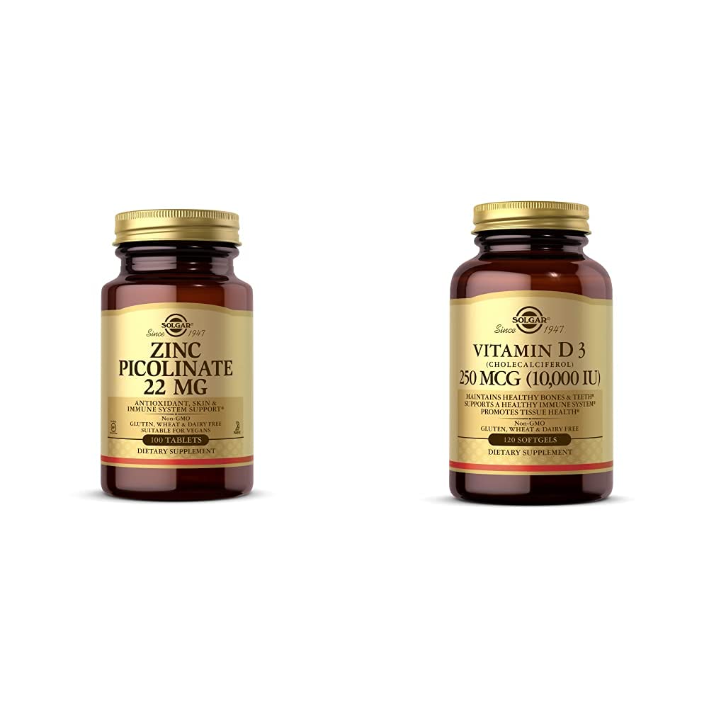 Solgar Zinc Picolinate 22 mg, 100 comprimés - favorise la santé de la peau - soutient le système immunitaire, normal T avec la vitamine D3 (cholecalciferol) 250 MCG (10 000 UI), 120 softgels - aide à maintenir des os sains