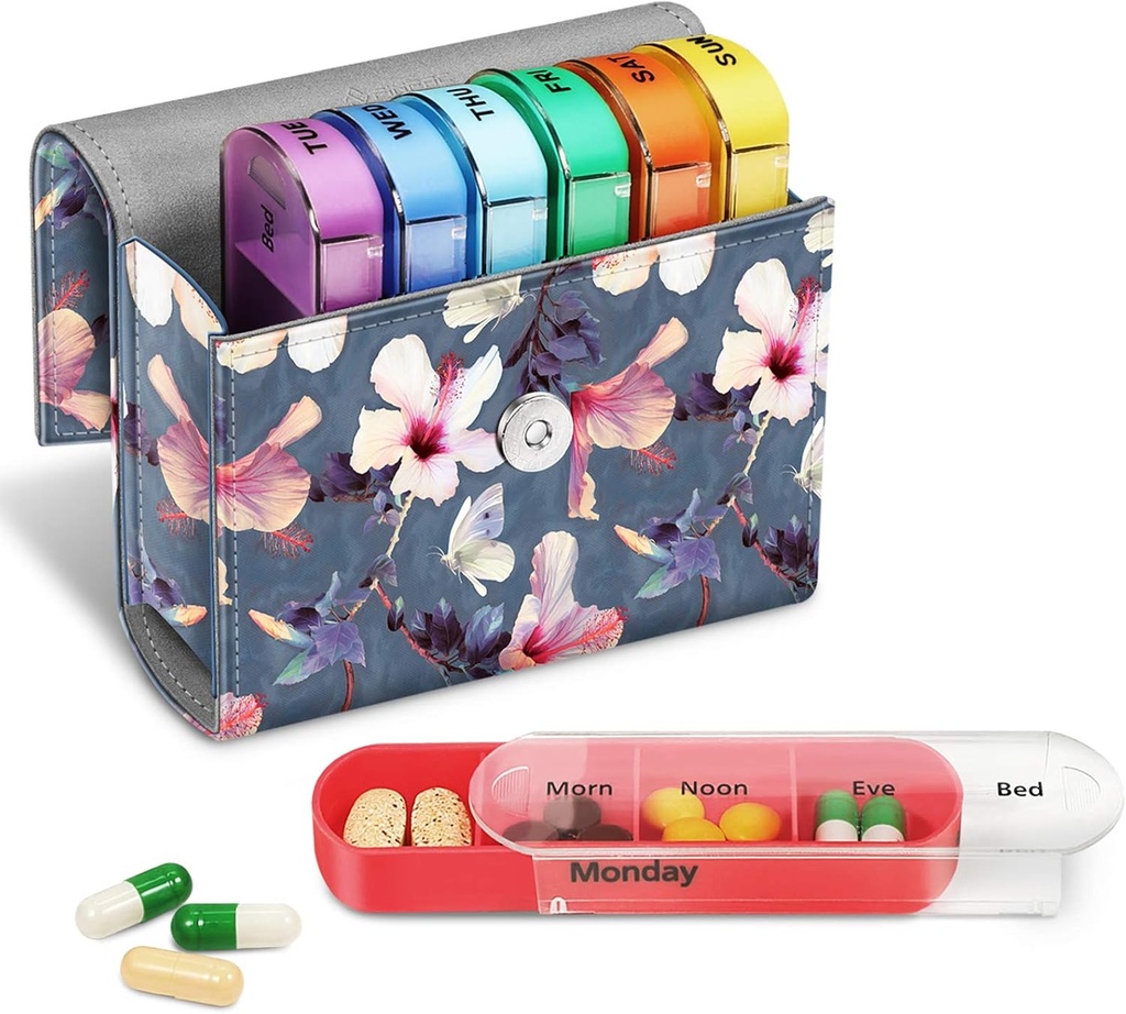 FINPAC Weekly pil Organizers 4 keer per dag, Slide Open PU Leather Case Travel Pill Vitamine Medicine Herinnering en Planner met Naamkaart voor de ochtend.