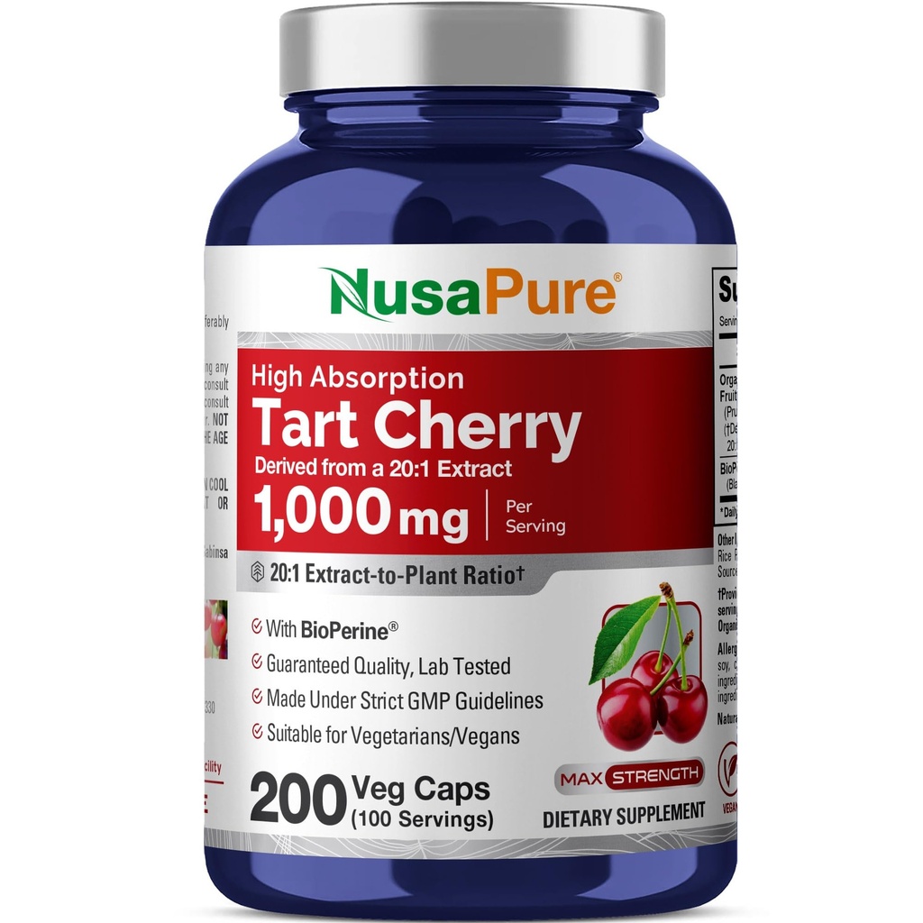 NusaPure Biologische Tart Kers 20:1 Extract, 1000 mg Equivalent aan 20.000 mg 200 Veggie Caps (Vegan, Non-GMO) Bioperine