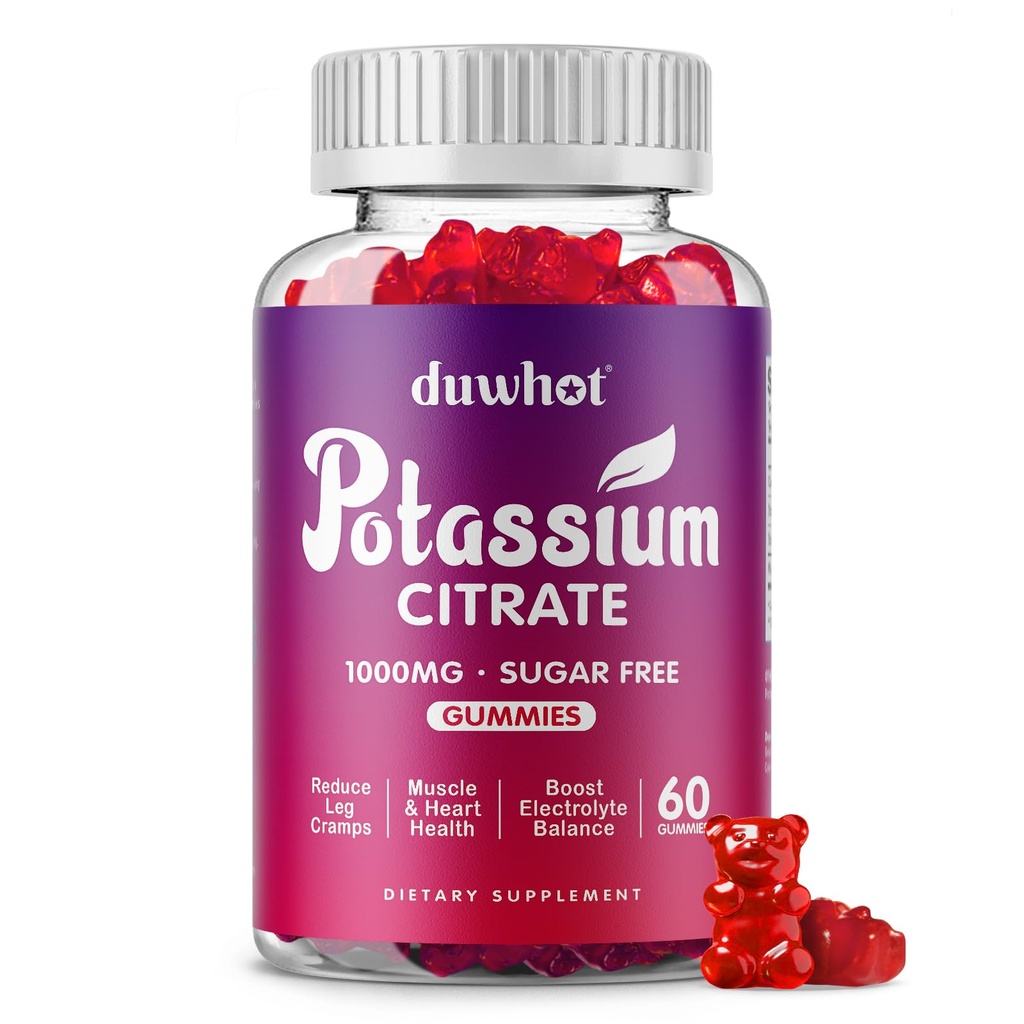 Citrate de potassium 1000mg Gummies, supplément de potassium pour adultes femmes et hommes, soutien des crampes et de la santé musculaire, 60 Chewables
