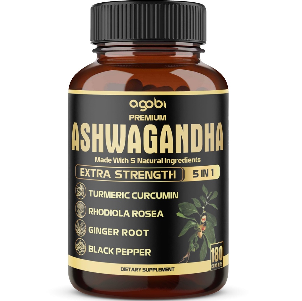 5in1 Premium Ashwagandha Capsules - Toegevoegd Kurkuma, Rhodiola Rosea, Ginger, Black Pepper - 180 Caps voor 6 maanden