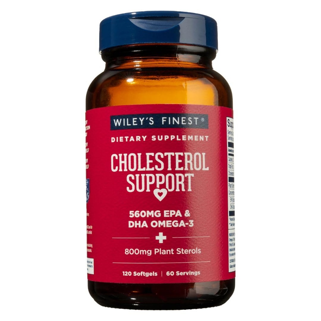 Wiley's Finest Wild Alaska Fish Oil Cholesterol Support - Heart Health Supplement for Men and Women - 560mg Omega-3s - 120 Softgels (60 Servings)
