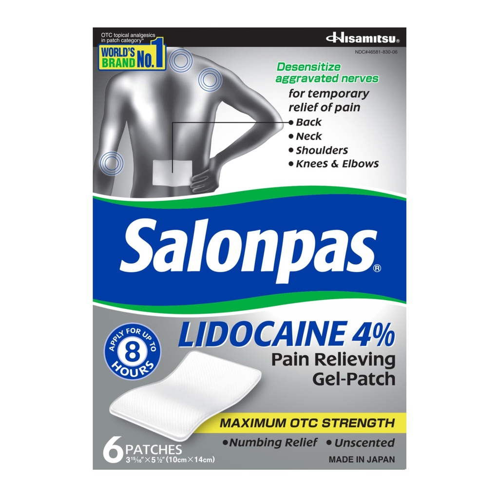 Salonpas Lidocaine 4% Pijn Relieving Gel-Patch, 6 Telling, voor rug, nek, schouder, knie & elleboogpijn