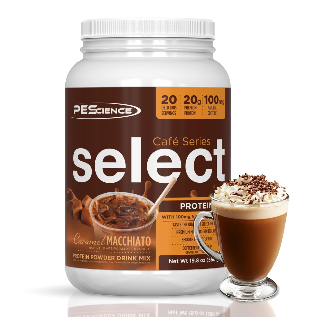 PEScience Select Café Protéine Café Poudre aromatisée, Caramel Macchiato, 100mg Caféine, 20g de poudre de café protéinée glacée ou crème, 20 portions