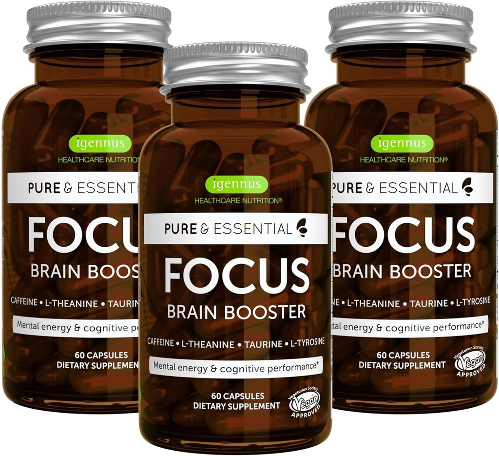 Igennus Focus - Nootrope met 200mg natuurlijke cafeïne, gemethyleerde B-vitaminen, L-theanine, Taurine, L-tyrosine, Clean Energy, Brain Booster & Cognitive Performance, Non Jittery, 180 Capsules