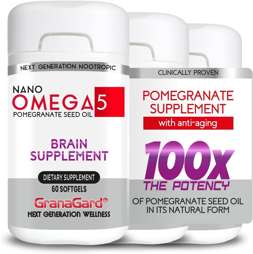 KLINISCH Bewezen (3-maand voorraad) Hersensupplementen met Anti Veroudering, Geheugenpillen, Omega 5 Granaatappel Supplement, 3 Flessen 60ct Elke