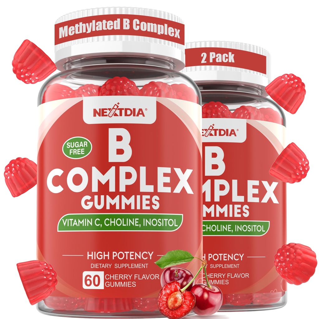 Gommies complexes de vitamine B, Gommies véganes de vitamine B avec 2000 mcg de méthyle B12, Folate de méthyle Plus Choline + Inositol, Vitamine C + Zinc pour soutenir l'énergie, l'humeur, Immune, cheveux sains, peau - 120 Cts