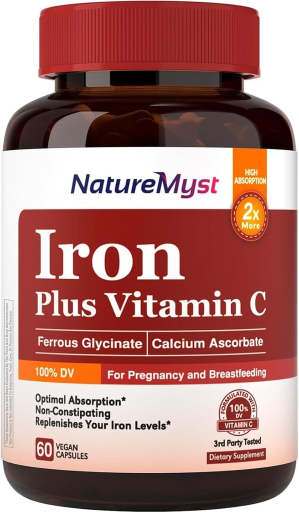 Supplément en fer doux pour les femmes hommes, 27mg Bisglycinate de fer Plus 120mg Vitamine C, Stomach Friendly, Absorption optimale et pilules de fer non constipantes, sans gluten, sans OGM, 60 bouchons végétaliens