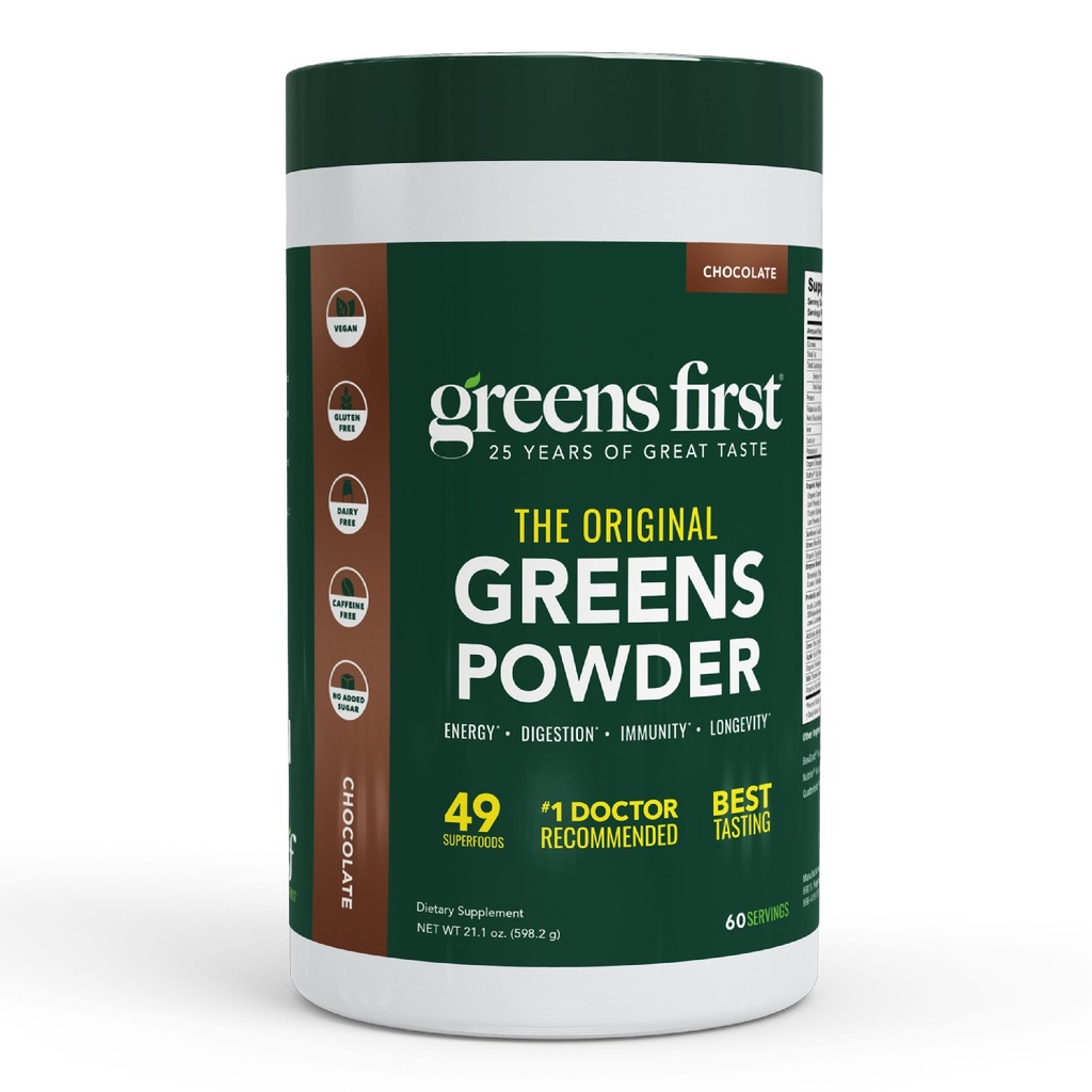 Greens First Original Greens Powder - 49 Superfoods - Fruits et légumes biologiques - Prébiotiques, probiotiques, enzymes digestives - Smoothie antioxydant - Sans produits laitiers, végétalien, non OGM (chocolat, 60 portions)