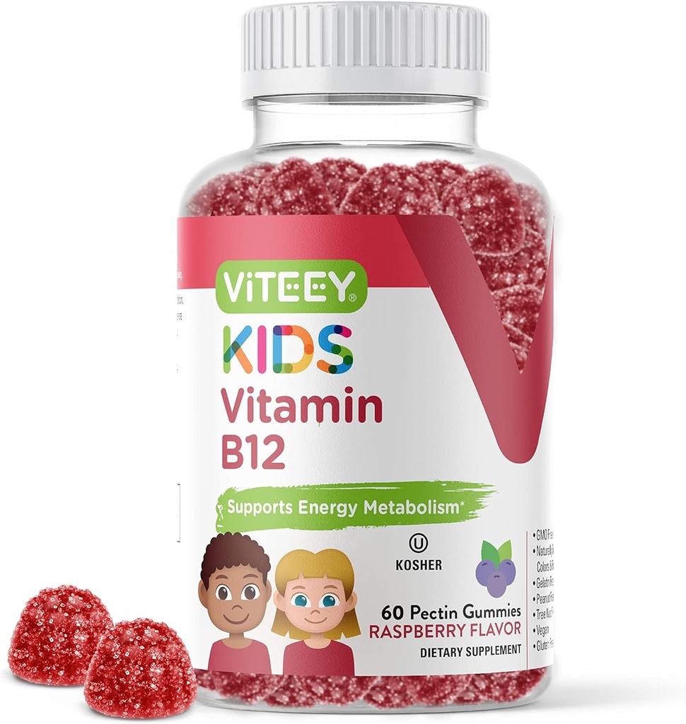 Viteey vitamine B12 voor kinderen Gummies, 1000mcg - Metabolisme, natuurlijke energie ondersteuning - veganistisch, gelatinevrij, glutenvrij, GGO-vrij - smakelijk Kauwbaar B12 Raspberry Flavored Gummy