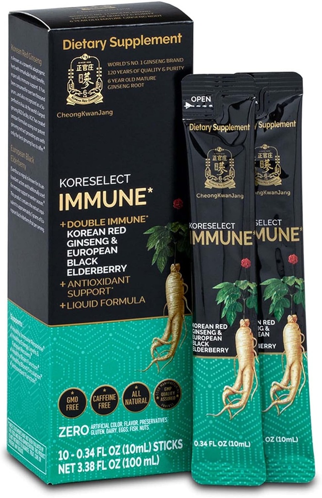 Immune, Extrait de ginseng rouge coréen avec bâtonnets liquides Elderberry, Immunity Support, Blood Circulation Booster, Supplément énergie naturelle, 6 ans Panax Ginseng asiatique, 10 comtes