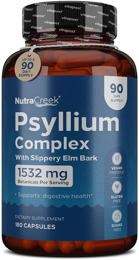 Psyllium Complexe capsules met Psylliumpoeder, Slipperige Elm & Gember om de gezondheid van het spijsverteringssysteem te reinigen en te ondersteunen 180 capsules