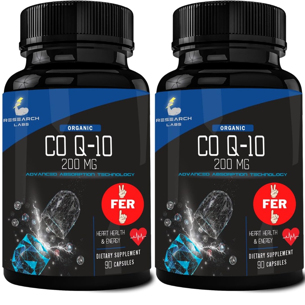 Onderzoek Labs 180 Softgels Geavanceerde Absorptie 200mg CoQ10 w/Zwarte Pepper Extract. 2 voor 1 Ad. Biologisch, Glutenvrij, Hart Gezondheid Ondersteuning, Energieproductie, Antioxidant Supplement