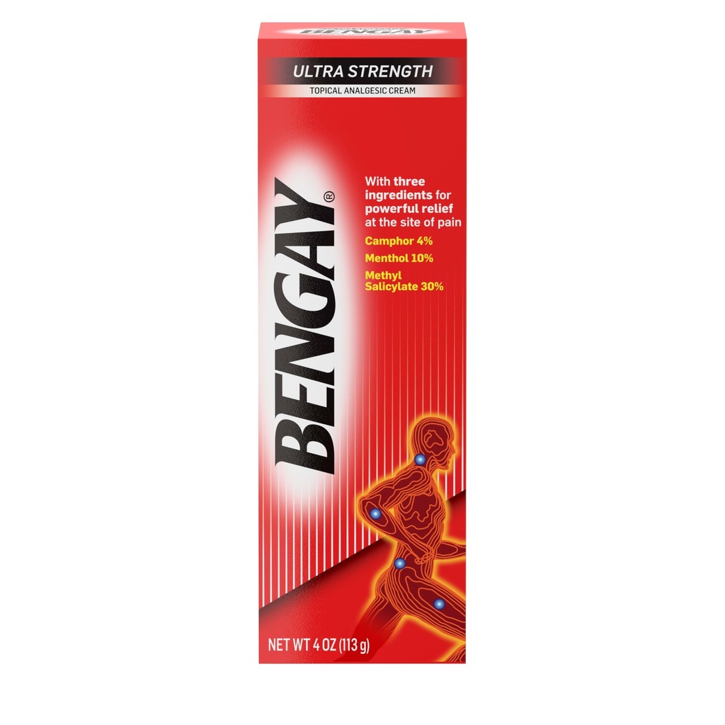 Crème de soulagement de la douleur topique Bengay Ultra Strength, analgésique thématique non grasse pour l'arthrite mineure, les muscles, les douleurs articulaires et dorsales, le camphre, le menthol et le salicylate de méthyle, 4 OZ