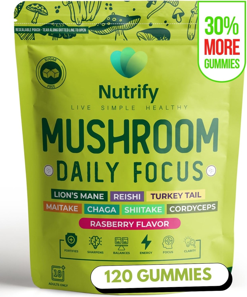 Nutrify 120 Mushroom Gummies Immune Support & Performance Cerveau Résilience & Mémoire Boost avec Reishi, Cordyceps, Turkey Tail, Maitake, Shiitake & Chaga Délicieux parfum de framboise Vegan & Sans sucre