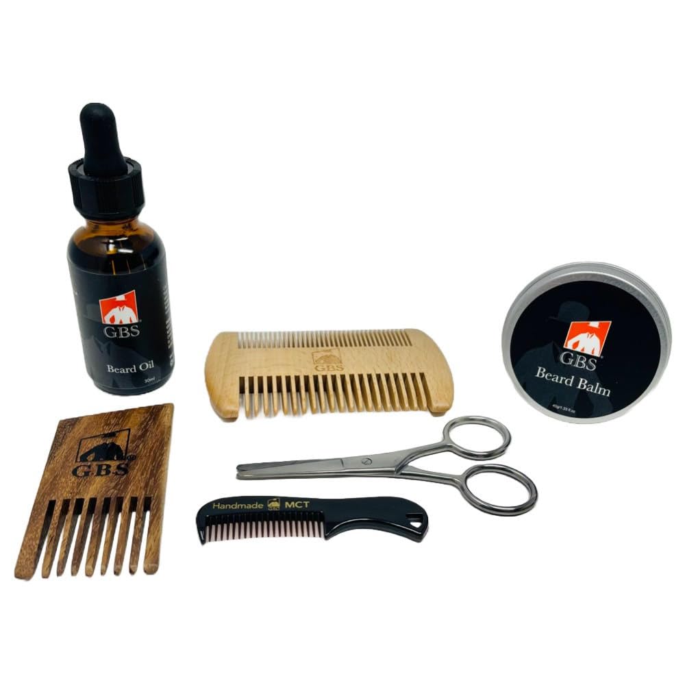 G.B.S Kit de barbe naturelle - huile de barbe avec jojoba, baume de conditionnement de barbe, 2 peigne à styler en bois de côté, peigne à moustache de poche, ciseaux de barbe et de moustache