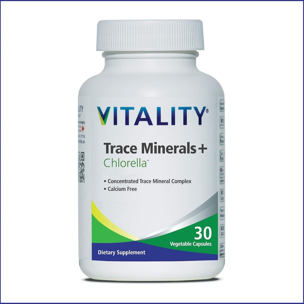Vitality Trace Minerals + Chlorella 30 Days/Capsules-Canadian-Made Full Spectrum Mineral Complex, Zink, Selenium & More ondersteunt Energie & Immunity. Veganist, Allergen-Free.