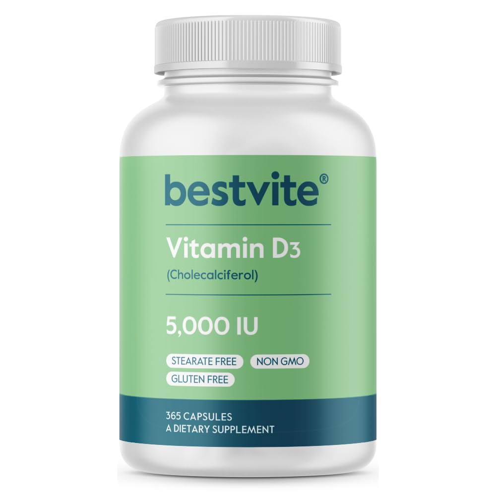 BESTVITE Vitamine D3 5000 IE (365 capsules) - Geen stearates - niet GGO - glutenvrij - 1 jaar voorraad vitamine D