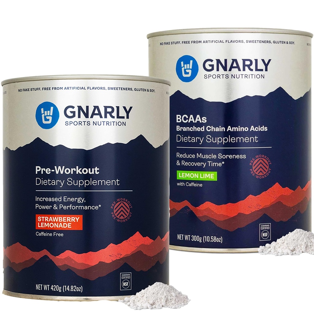 Gnarly Nutrition Gnarly Preworkout Strawberry Limonade Cafeine Gratis (14.82oz) BCAAs Lemon Lime (10.58oz)