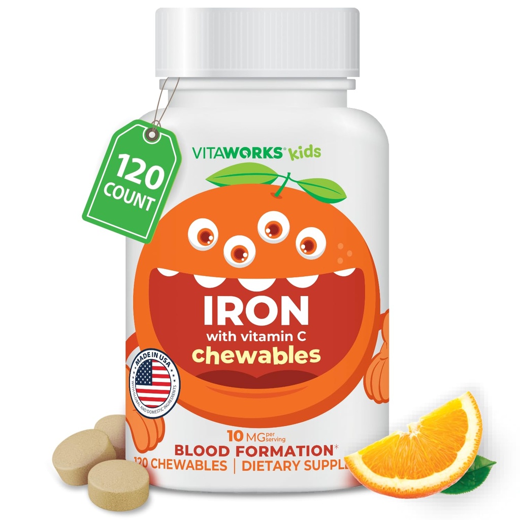 Kids Iron 10mg met vitamine C 50mg Kauwtabletten - Tasty Natural Flavored - Vegan, Vegetarisch, GGO-vrij, Nootvrij - Dieet IJzer Supplement - Bloedvorming voor kinderen - 120 Kauwtabletten