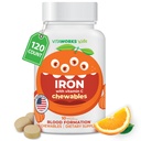 Enfants Fer 10mg avec vitamine C 50mg Comprimés à croquer - Dégustation naturelle aromatisée - Vegan, végétarien, sans OGM, sans noix - Supplément de fer alimentaire - Formation de sang pour les enfants - 120 Chewables