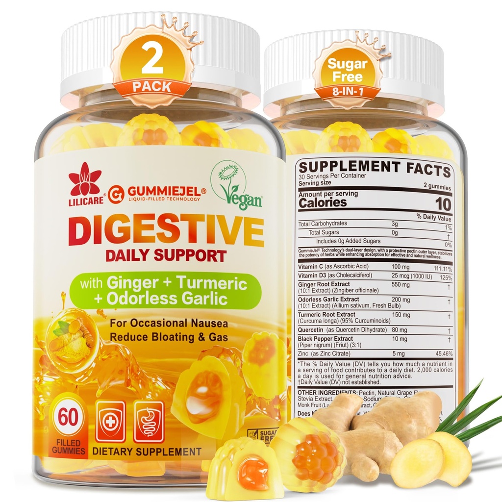 Ginger Chews Gummies pour la nausée et le soutien digestif, Soulagement de l'estomac, sans sucre avec curcuma, Aile sans or, Quercetine, Vitamine D3, Suppléments digestifs pour le soufflage occasionnel et gaz, 2Pack
