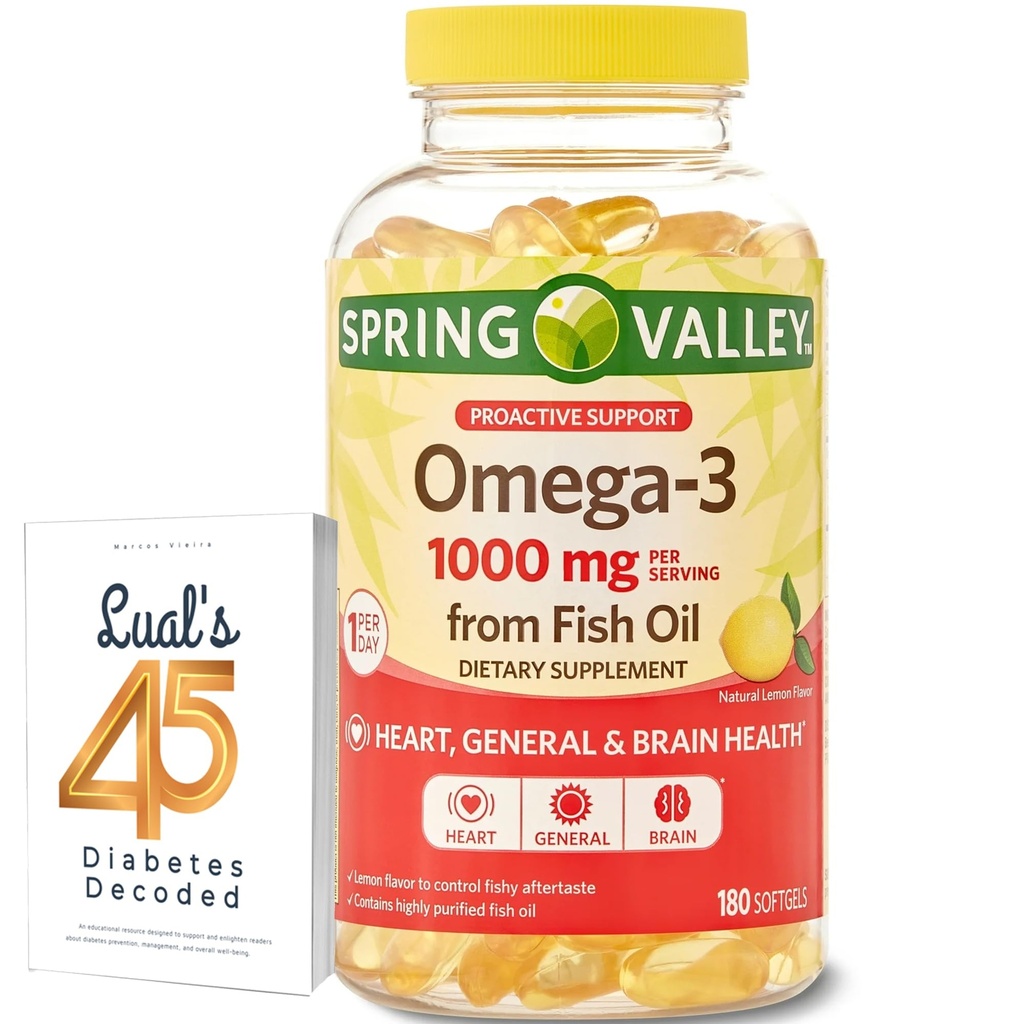 Spring Valley Omega-3 Visolie Zachte Gels, 1000 mg, 180 Graaf, Dieetsupplement, Omega-3 Vetzuren Bundel met Lual 45 Diabetes Decodeerd