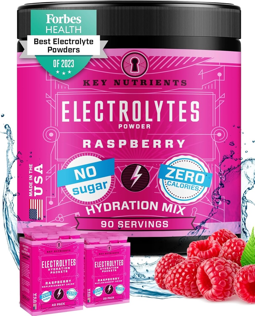 KEY NUTRIËNTEN Multivitamine Elektrolyten Poeder Geen Suiker - Sappige Raspberry Electrolyte Poeder - Hydratatiepoeder - Geen Calorieën, Glutenvrije Keto Electrolytes Poeder - 90 Servers - Made in USA