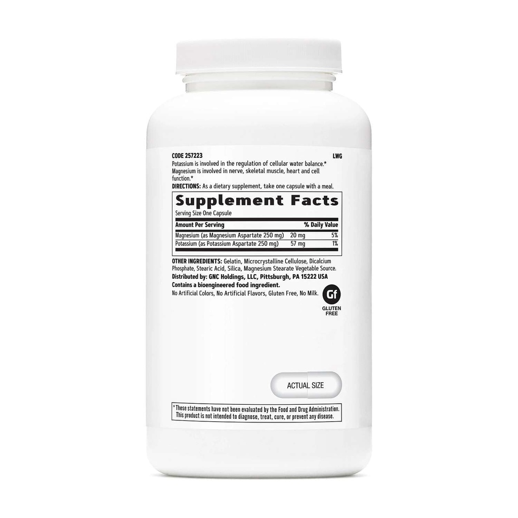 Supplément GNC Potassium et Magnésium Aspartate 250mg, aide à réguler l'équilibre de l'eau, 240 portions