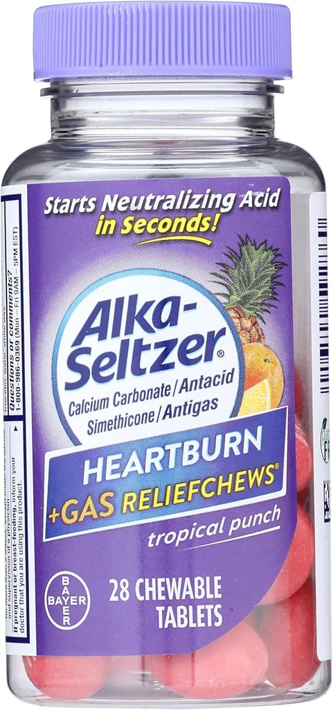Alka-Seltzer Heartburn + Gas ReliefChews - Relief of Heartburn, Gas, Acid Indigestie en Zure Maag - Tropische Punch Smaken - 28 Tel.