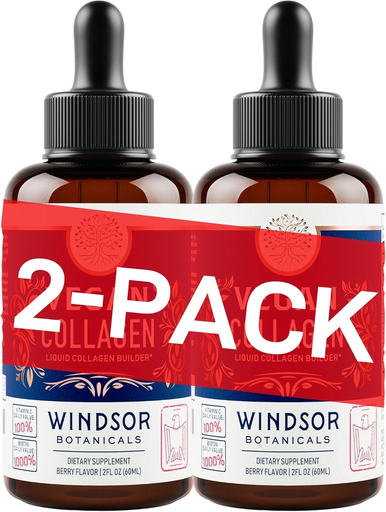 WINDSOR BOTANICS Vegan Collagen Builder Liquid Supplement - Collageen Booster met vitamine C, biotine, hyaluronzuur & Aminozuren - Biologische Fruit & plantaardige Blend - 120ml, 60 dagen