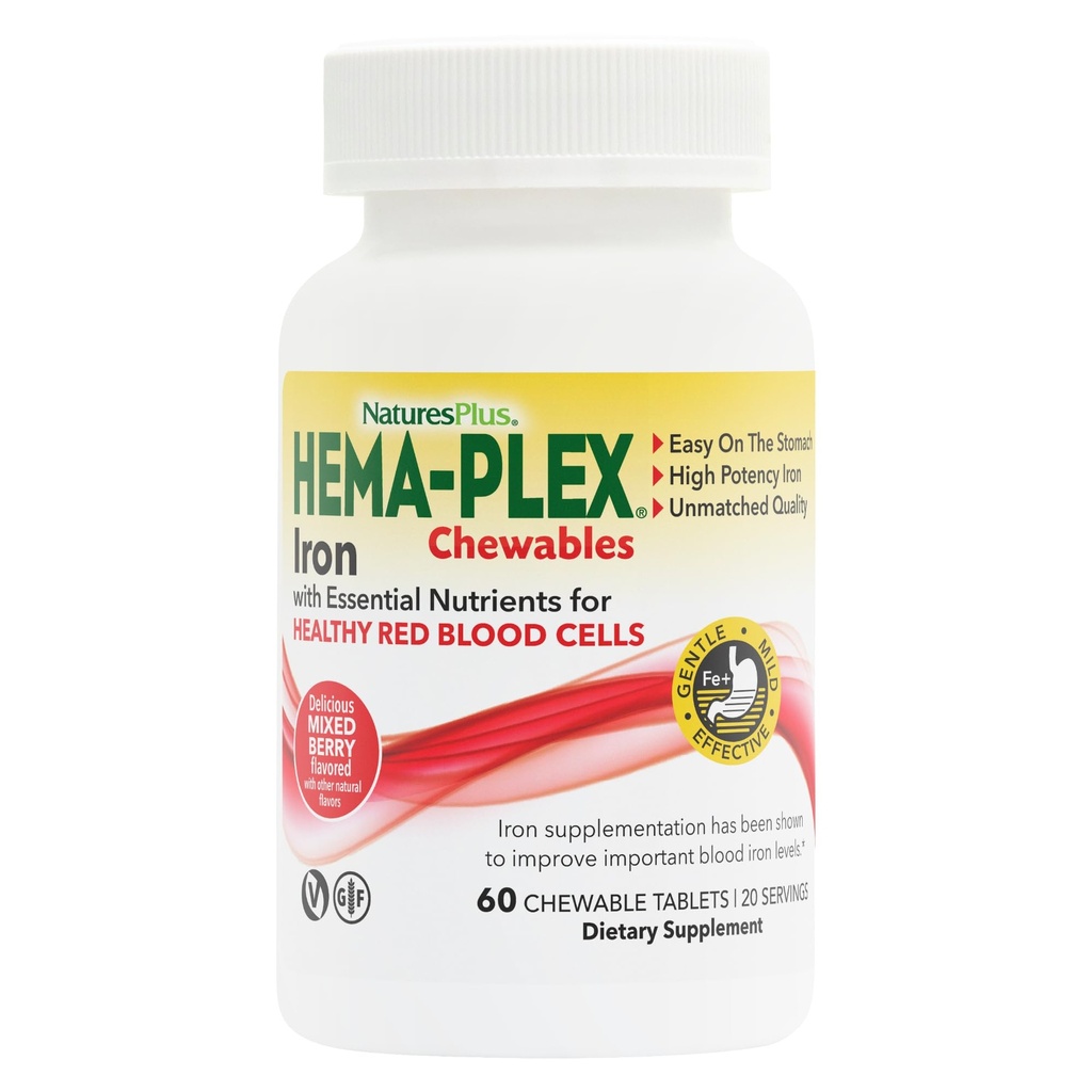 Natures Plus Hema-Plex Fer - 60 baies mélangées Chewables - 85 mg Fer élémentaire - Santé totale du sang - avec vitamine C et bioflavonoïdes - végétalien, sans gluten - 20 portions