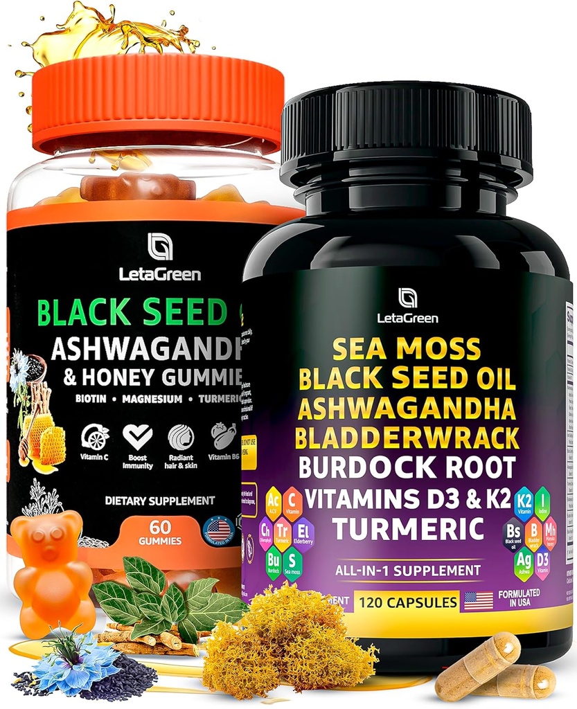 Sea Moss Capsules + Black Seed Oil Gummies Bundle, 60 Black Seed Gummies + 120 Sea Moss Pillen, Natuurlijke verdediging Ondersteuning met vitamines en multimineralen supplement bundel