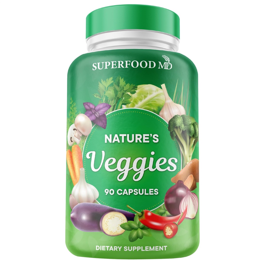 Superfood MD Veggies Supplement - 90 Veggie Capsules - Ondersteunt energieniveaus, Beta Caroteen, Vitaminen en Mineralen - Sojavrij - 90 Tel.